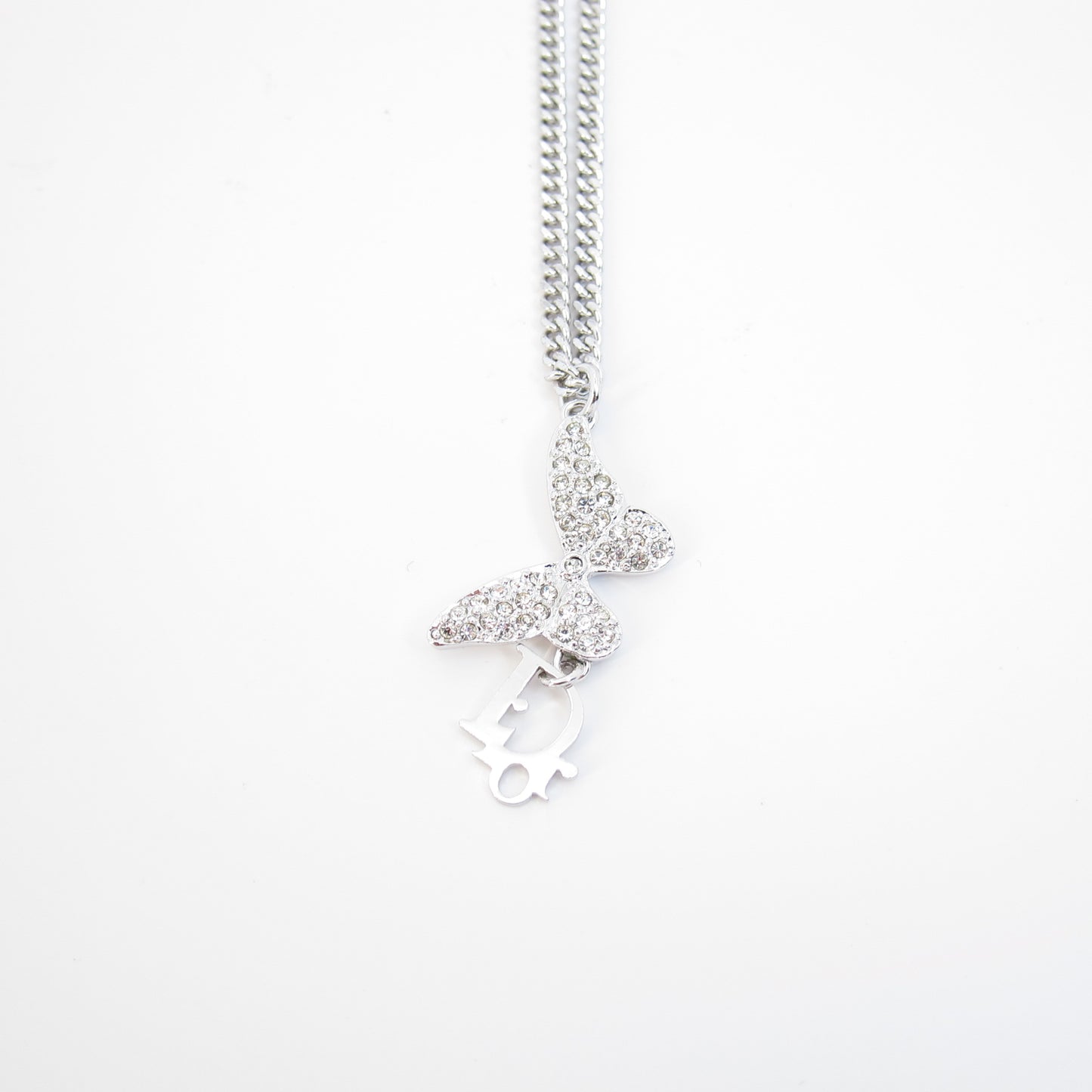 Christian Dior Vintage Dior Logo and Butterfly with Rhinestone Silver Necklace