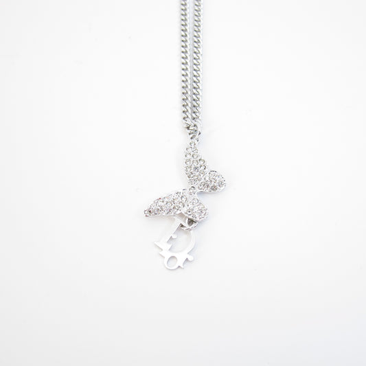 Christian Dior Vintage Dior Logo and Butterfly with Rhinestone Silver Necklace