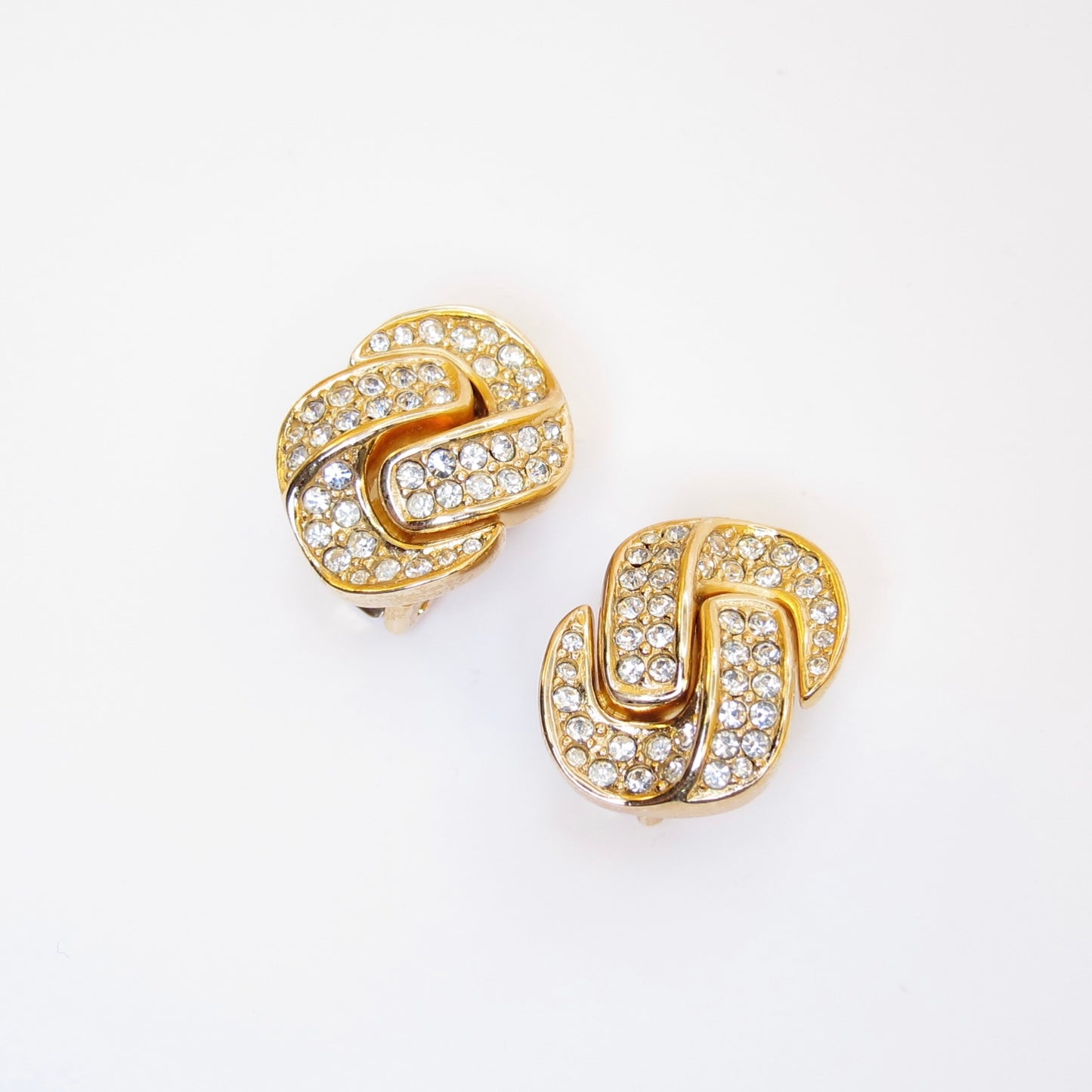 Christian Dior Vintage Interlocking Knot with Rhinestone Golden Clip-on Earrings