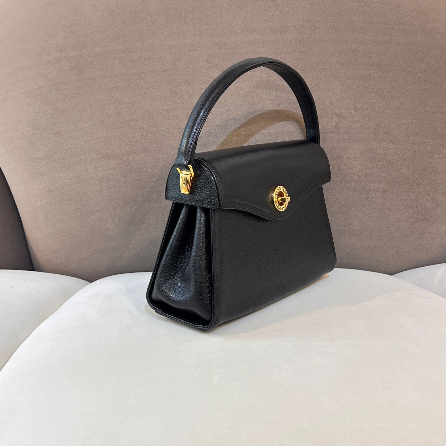 Valentino Garavani Vintage Black Leather Gold Turn-Lock Top Handle Bag