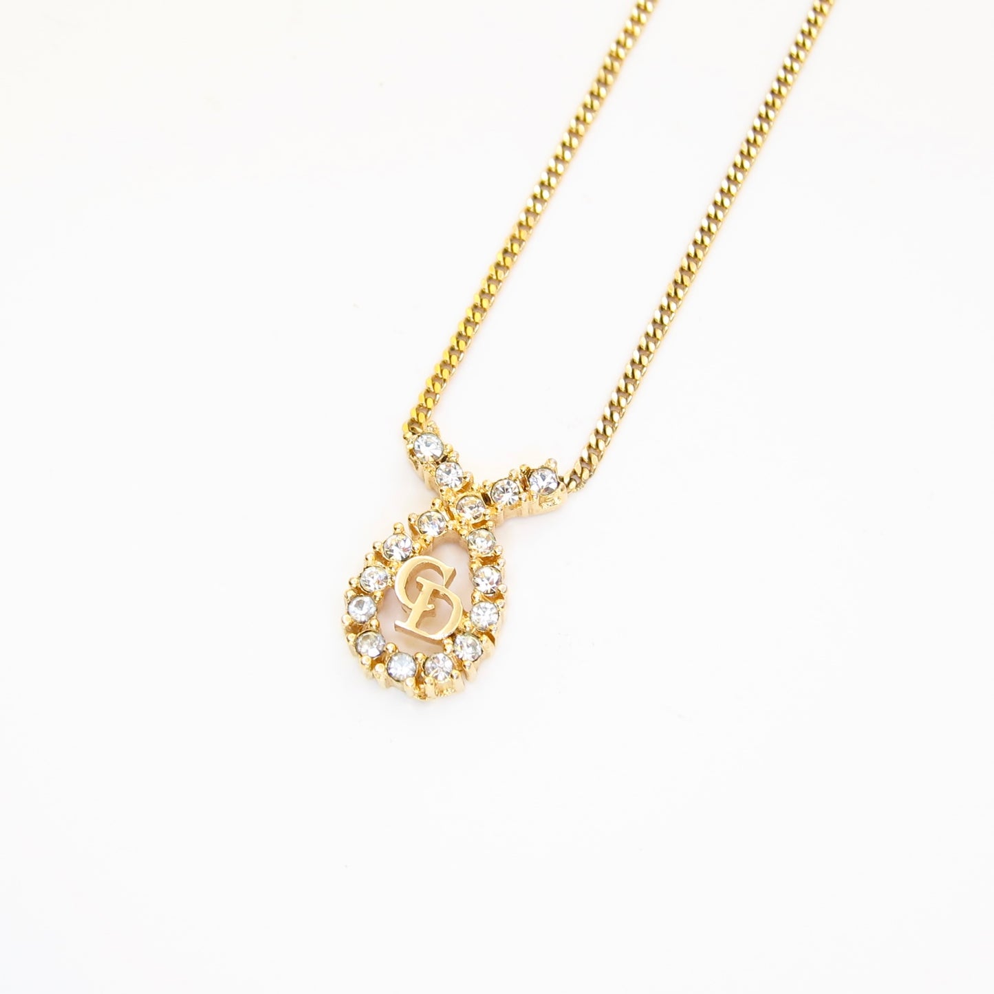 Christian Dior Vintage CD Logo in Drop Shape with Rhinestone Golden Necklace