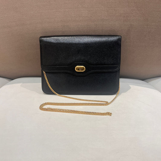 Christian Dior Vintage Black Leather Gold Chain Flap Shoulder Bag