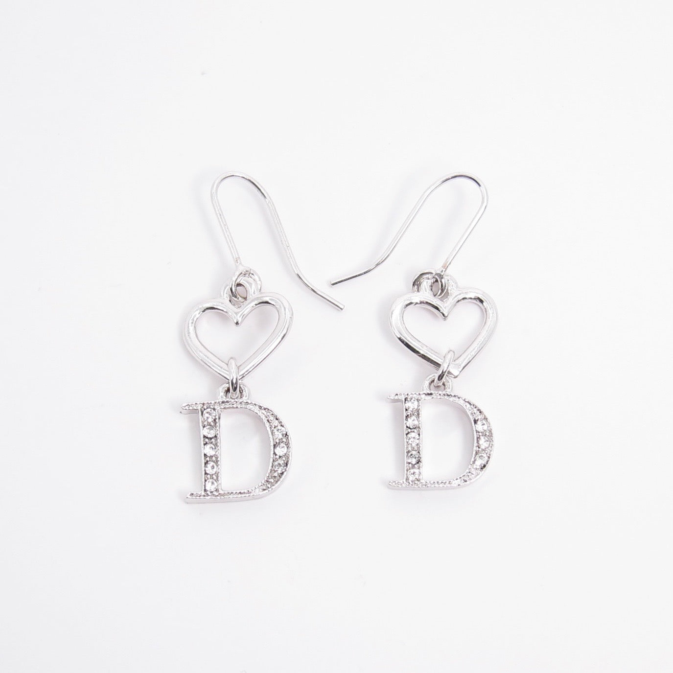 Christian Dior Vintage Heart and D Logo with Rhinestone Silver Drop Earrings