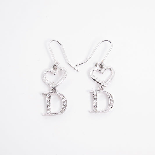 Christian Dior Vintage Heart and D Logo with Rhinestone Silver Drop Earrings