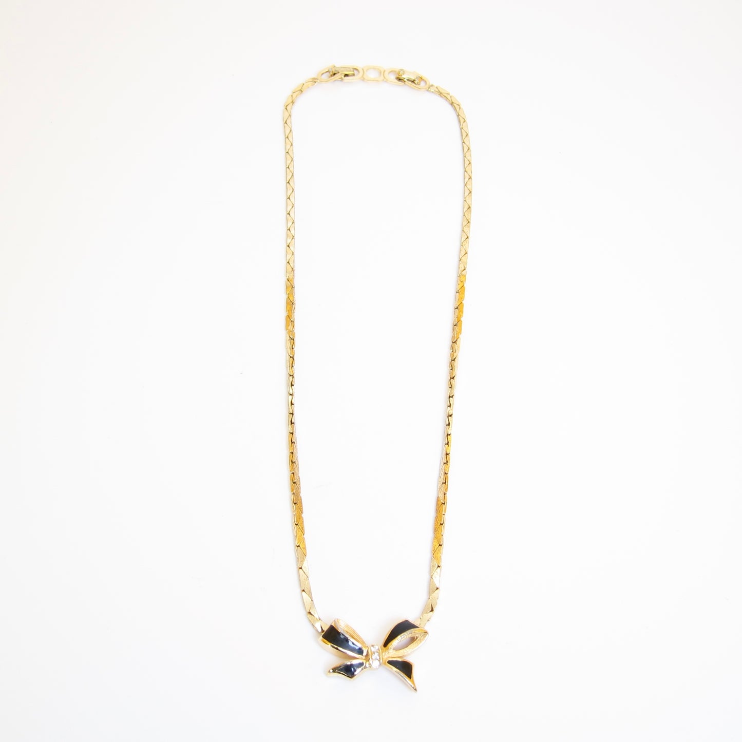 Christian Dior Vintage Ribbon Motif Black and Rhinestone Golden Necklace