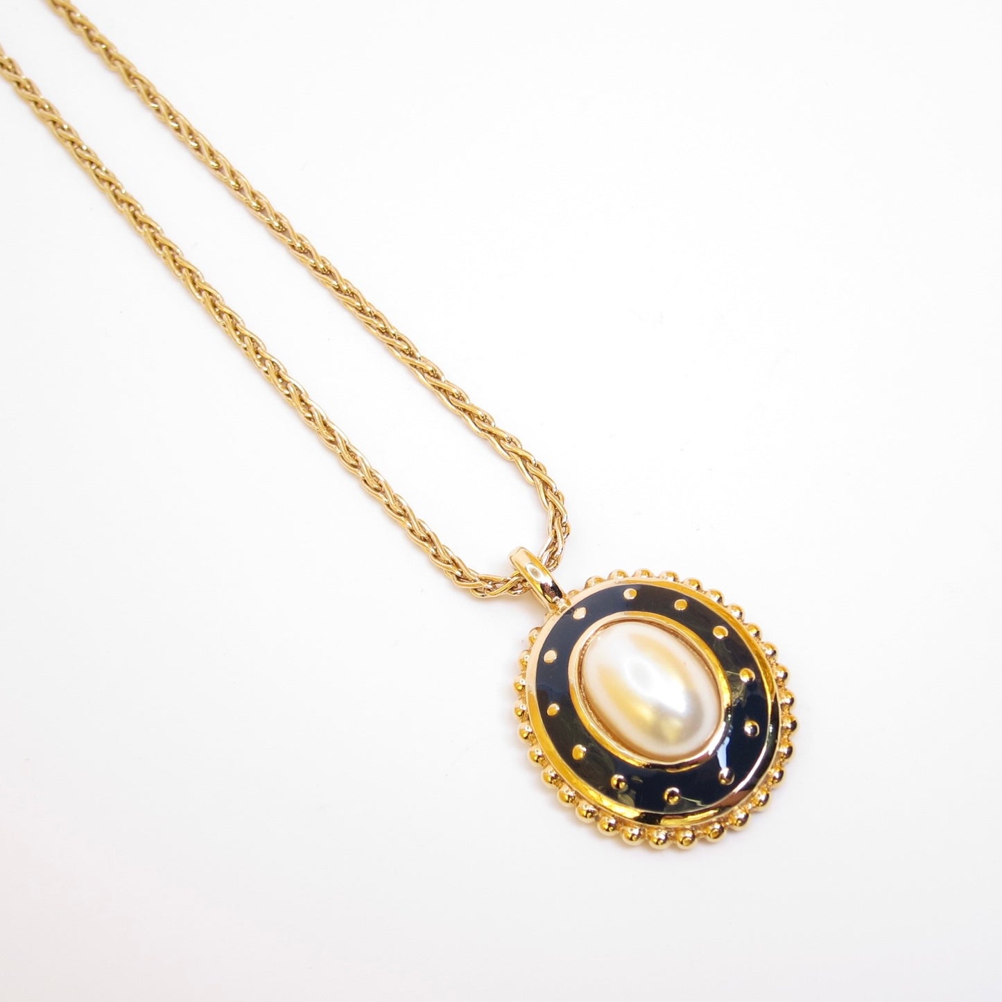 Burberry Vintage Oval Pearl and Navy Pendant Golden Necklace