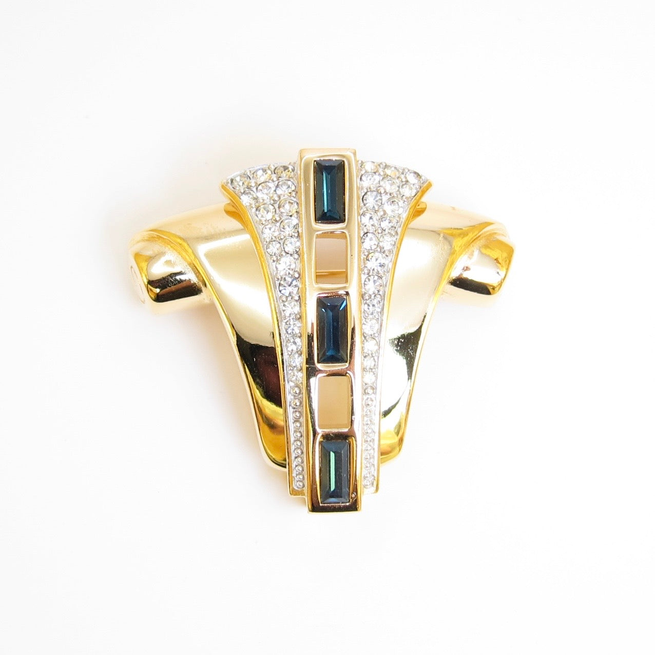Givenchy Vintage Stylish Green and Rhinestone Golden Brooch