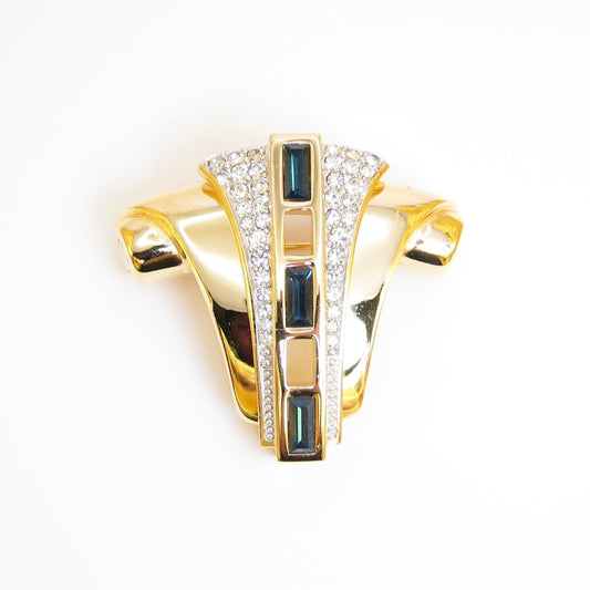 Givenchy Vintage Stylish Green and Rhinestone Golden Brooch