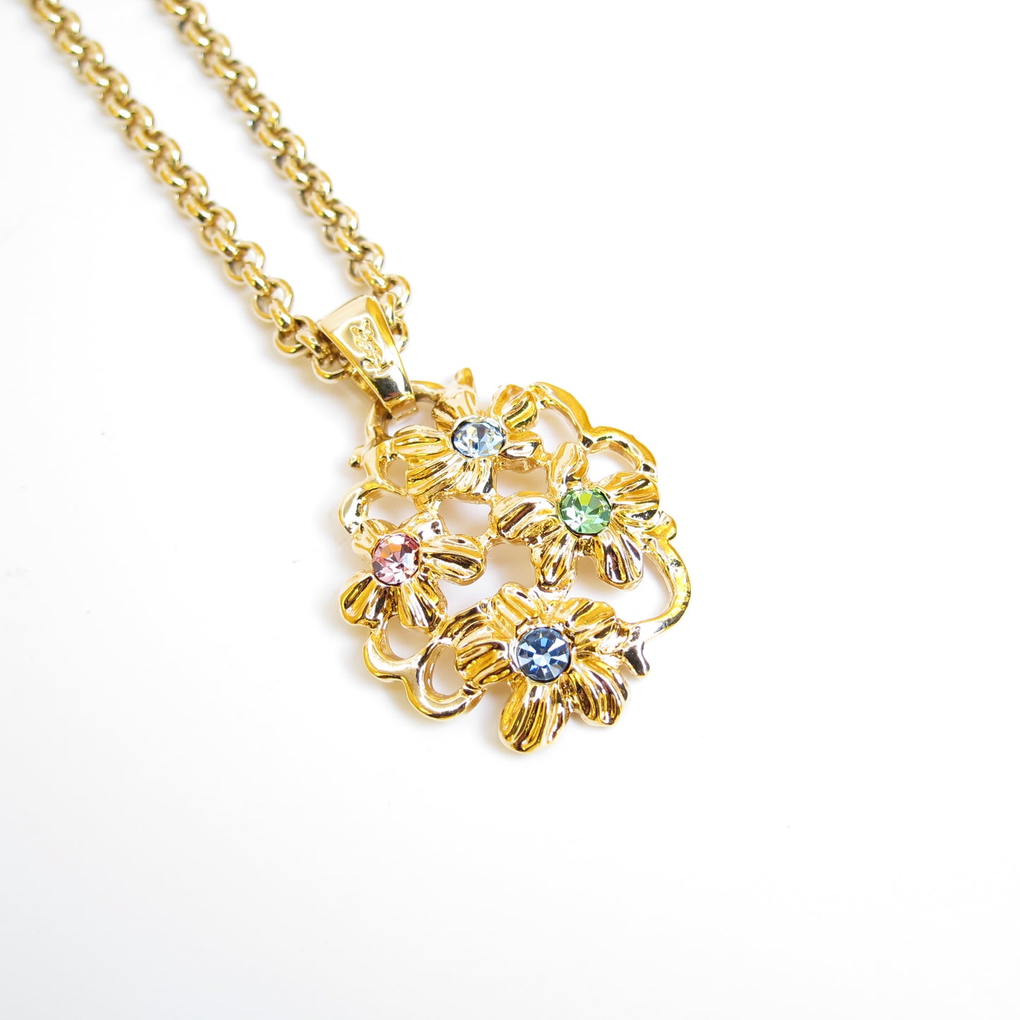 Yves Saint Laurent Vintage Flower Motif and Multi Color Stone Golden Necklace