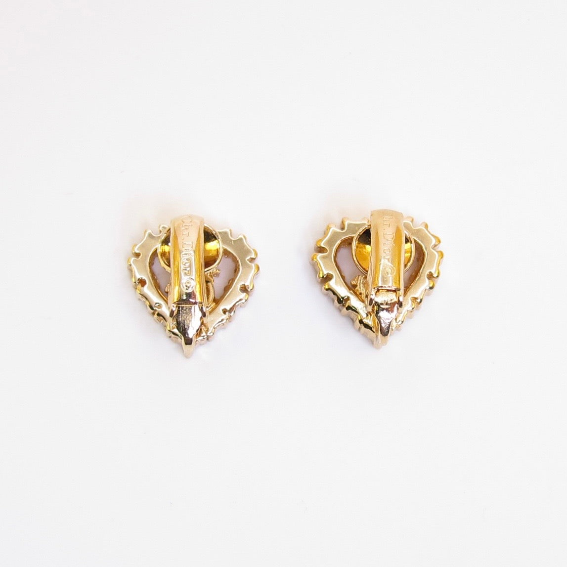 Christian Dior Vintage Dior Logo in Heart with Rhinestone Golden Clip-on Earrings