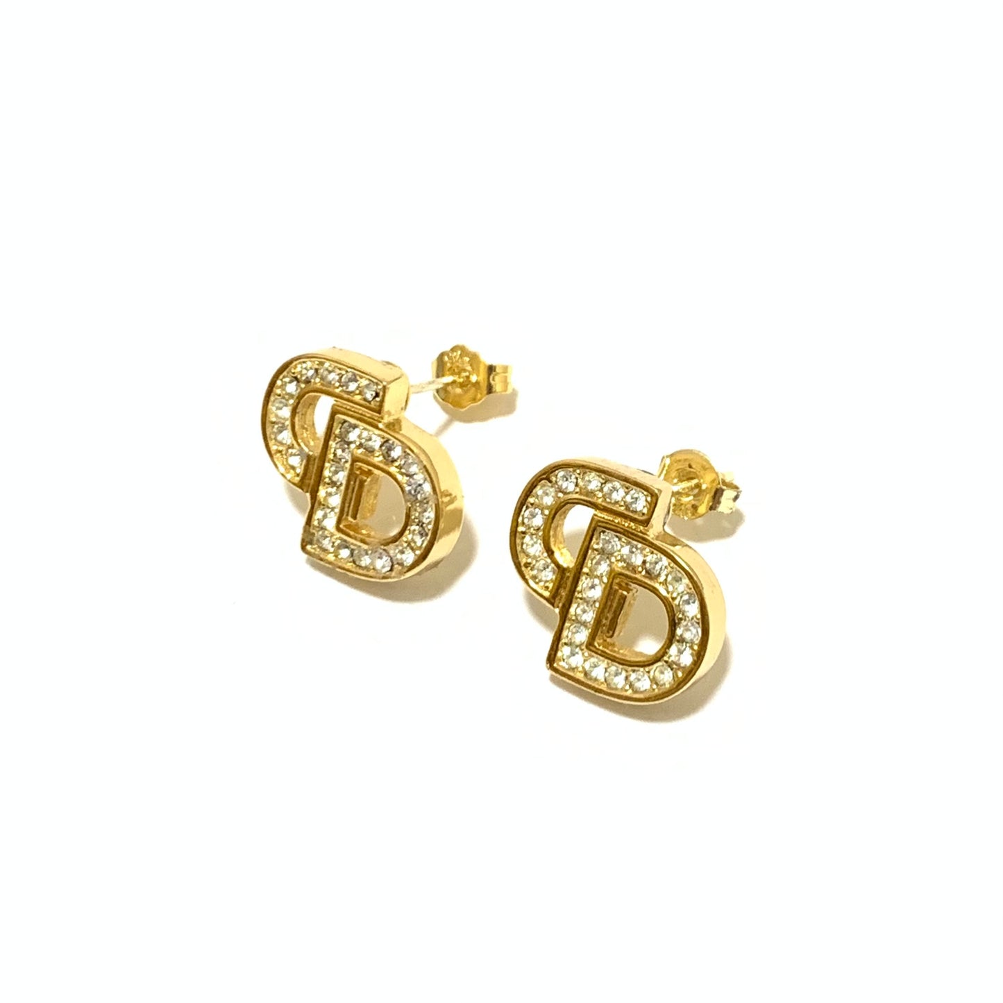 Christian Dior Vintage CD Logo with Rhinestone Golden Earrings
