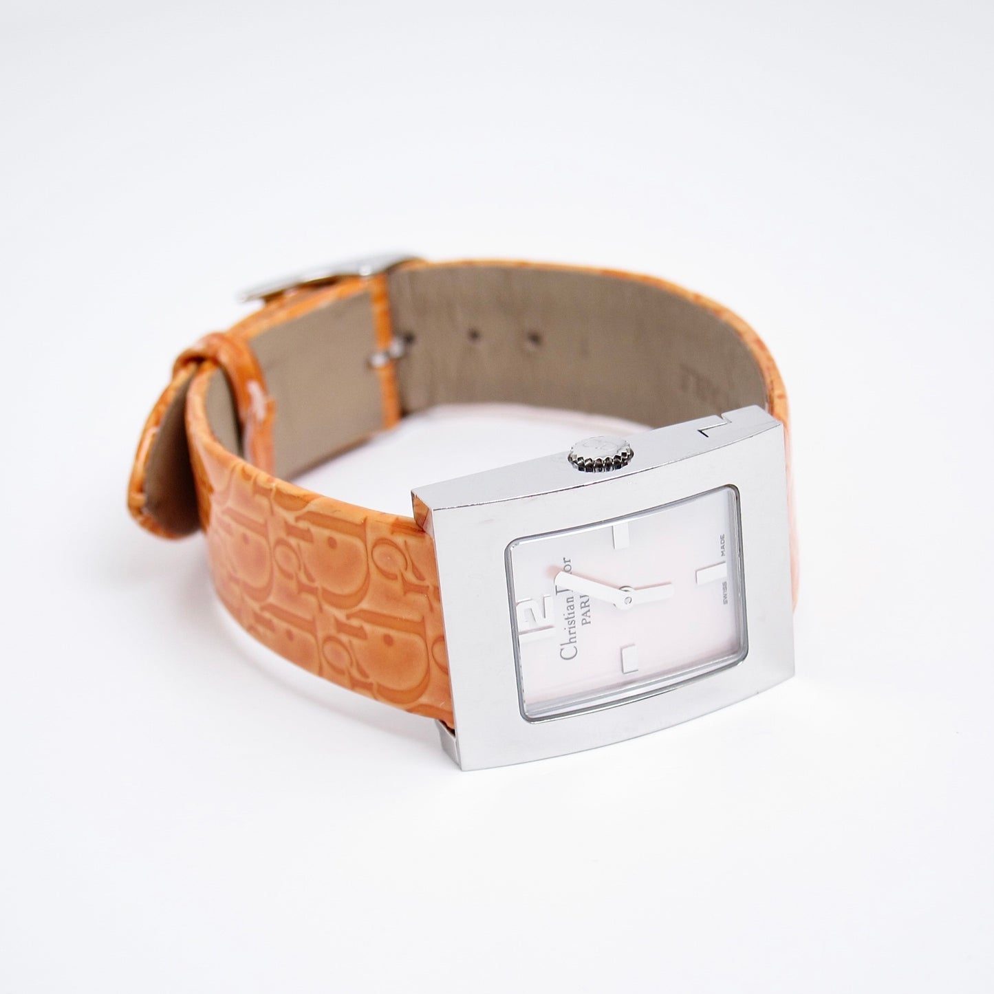 Christian Dior Vintage Malice Pink Shell Pearl Face with Orange Trotter Leather Strap Watch