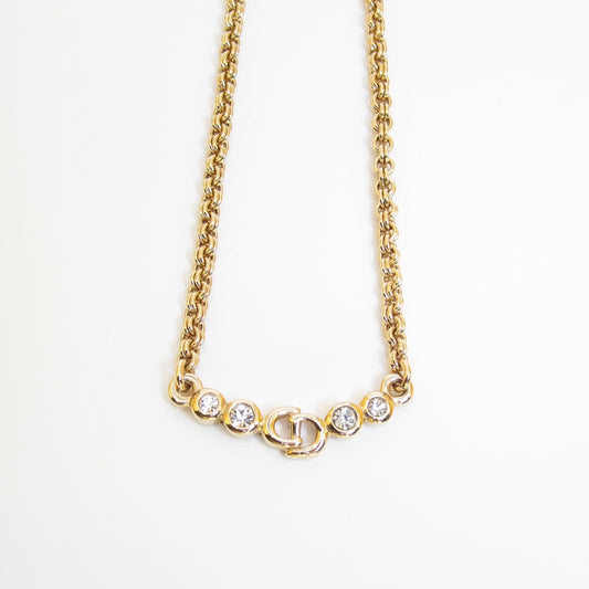 Christian Dior Vintage CD Logo and Rhinestone Golden Necklace