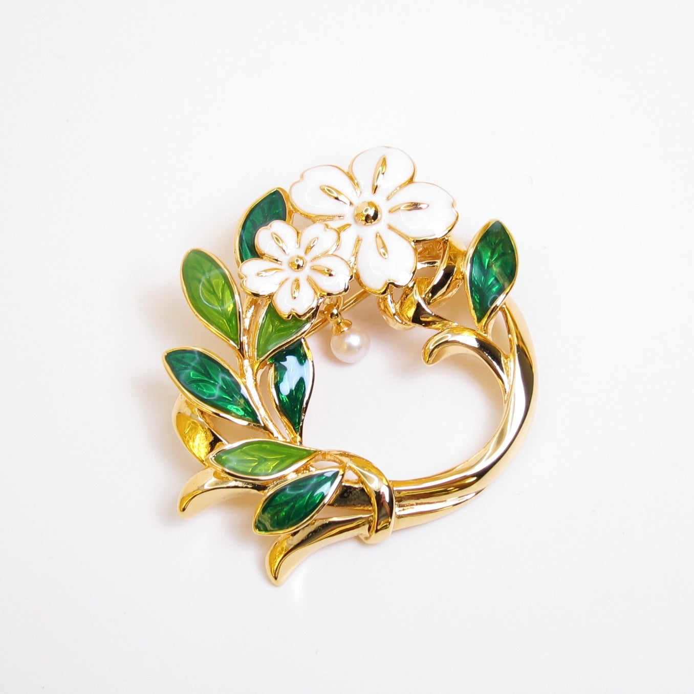 Mikimoto Vintage Enamel White Flower and Green Leaf Pearl Golden Brooch