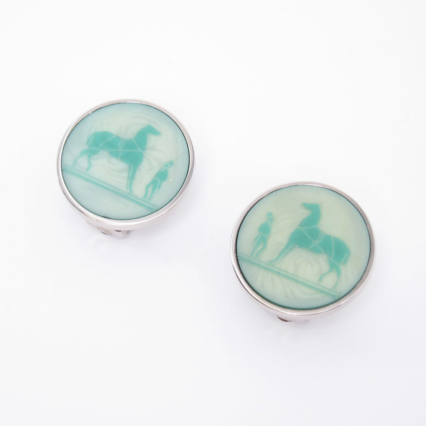 Hermes Vintage Corozo Horse and Carriage Silver Clip-on Earrings