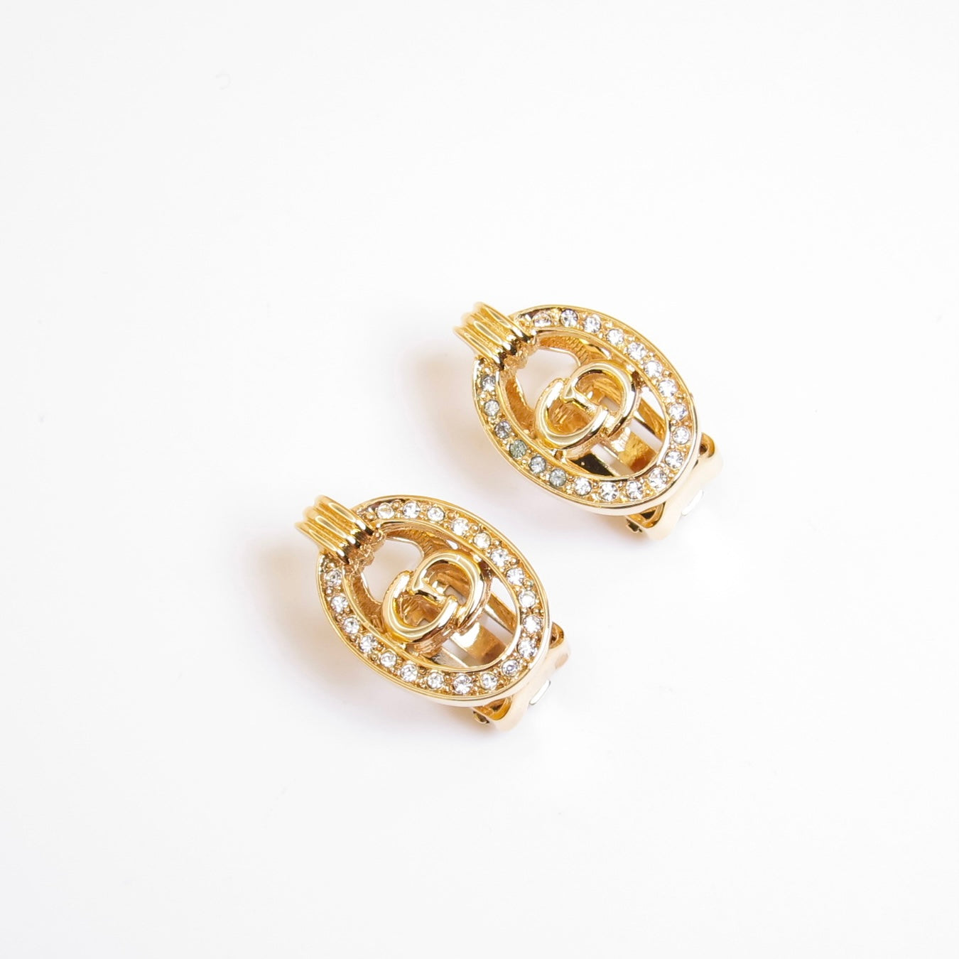 Christian Dior Vintage CD Logo in Oval Shaped with Rhinestone Golden Clip-on Earrings