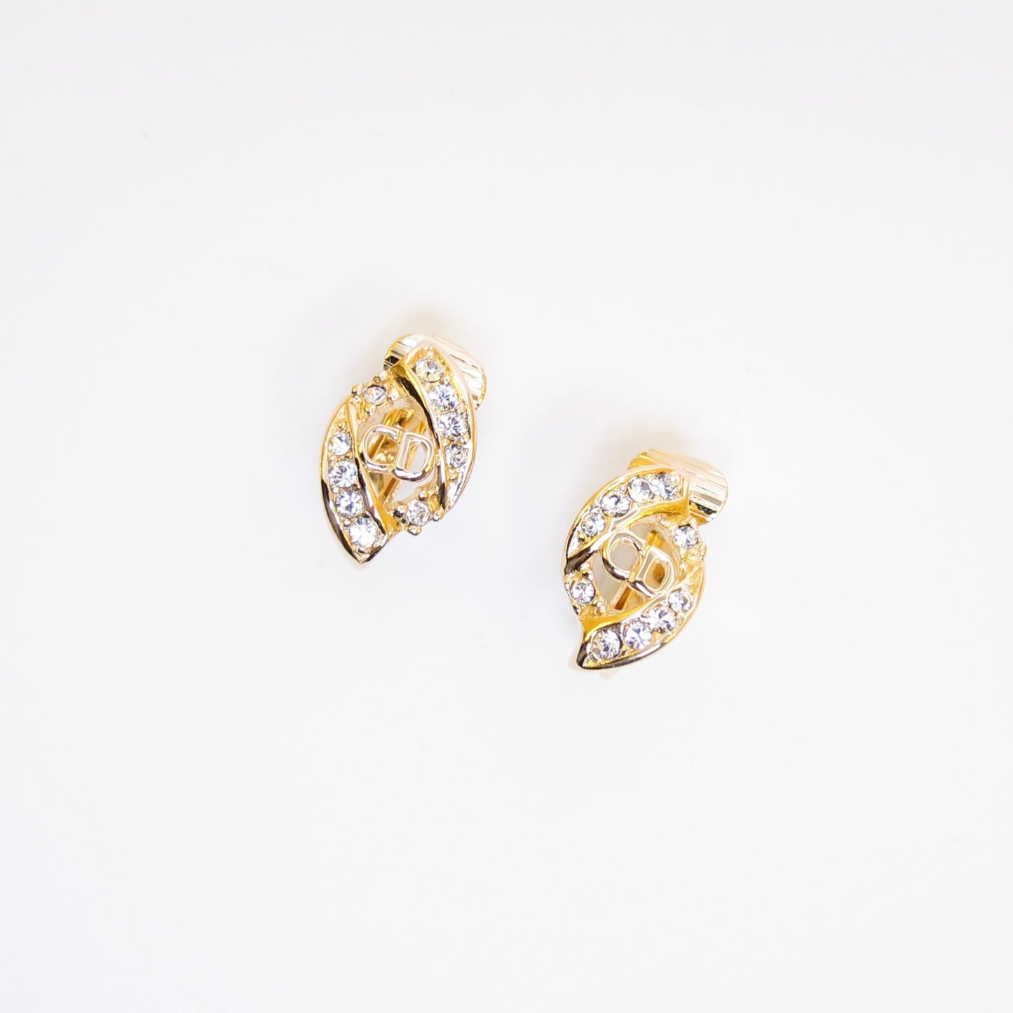 Christian Dior Vintage CD Logo and Rhinestone Golden Clip-on Earrings