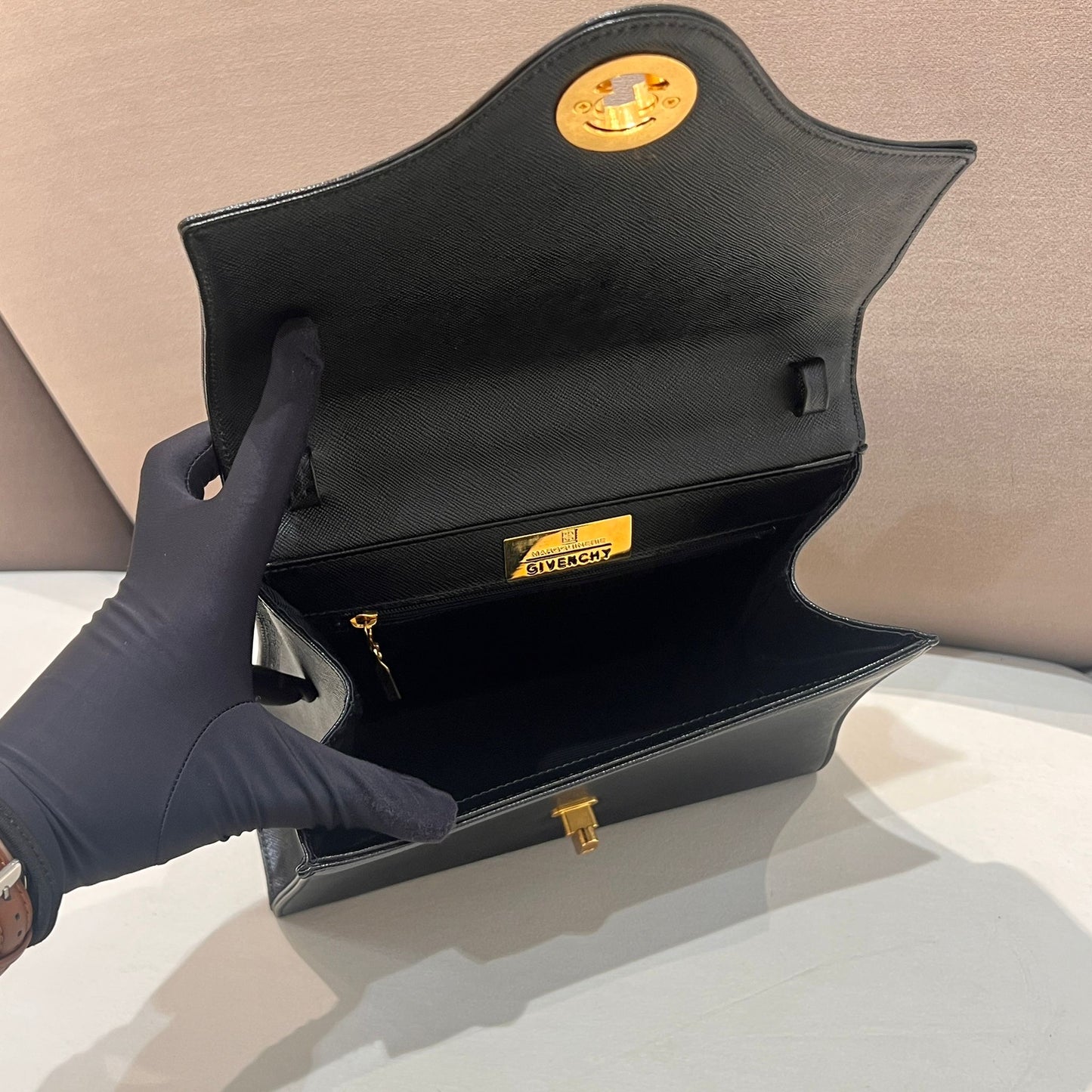 Givenchy Vintage Anagram Embossed Black Leather Top Handle Handbag