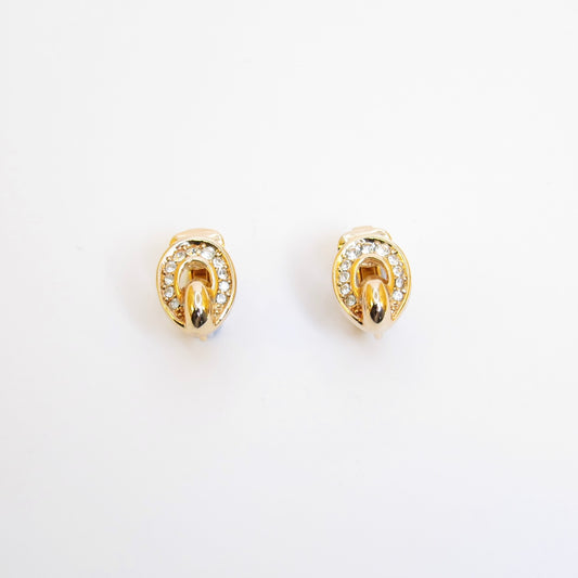 Christian Dior Vintage Oval Shape with Rhinestone Golden Clip-on Earrings