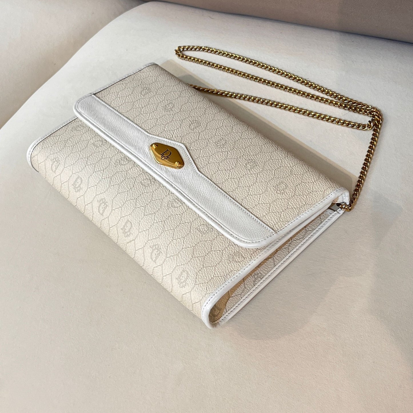 Christian Dior Vintage Honeycomb White Leather Gold Chain Shoulder Bag