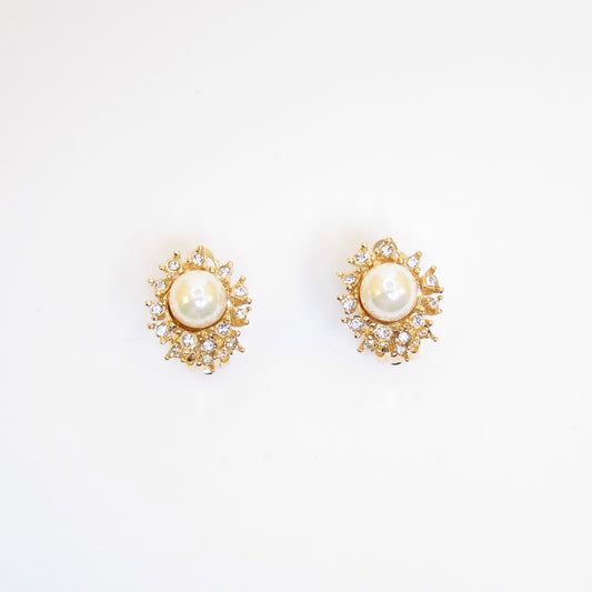Nina Ricci Vintage Pearl and Rhinestone Golden Clip-on Earrings