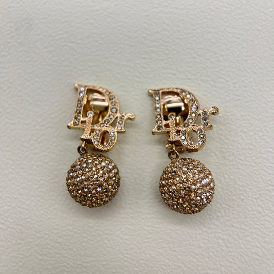 Christian Dior Vintage Dior Logo and Ball Dangling with Rhinestone Golden Clip-on Earrings