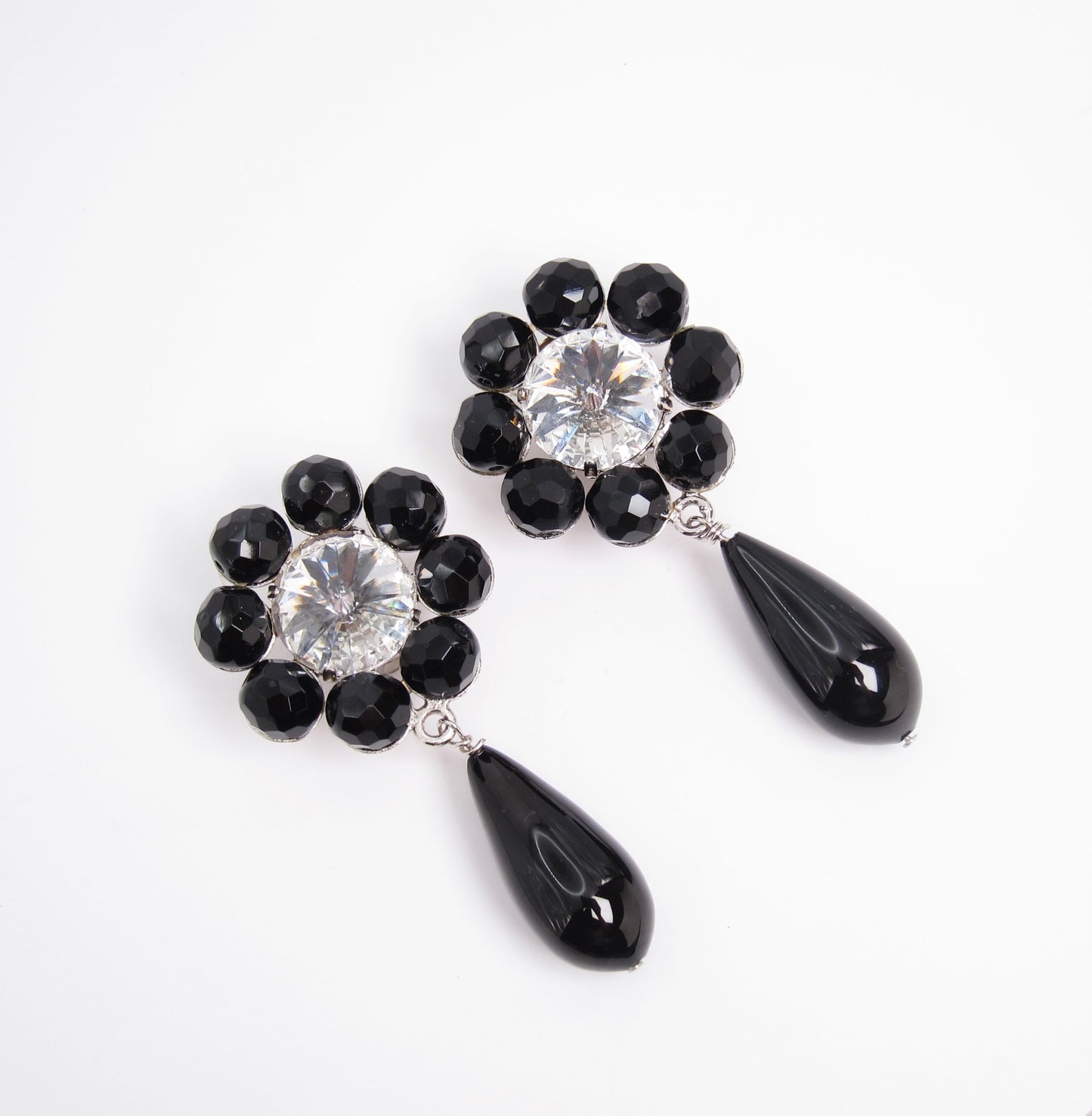 Celine Vintage Flower Motif Black Stone and Rhinestone Clip-on Earrings