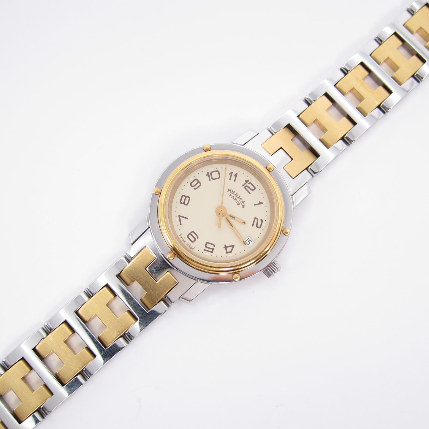 Hermes Vintage Clipper Ivory Dial with Date and H Bracelet Two Tone Watch