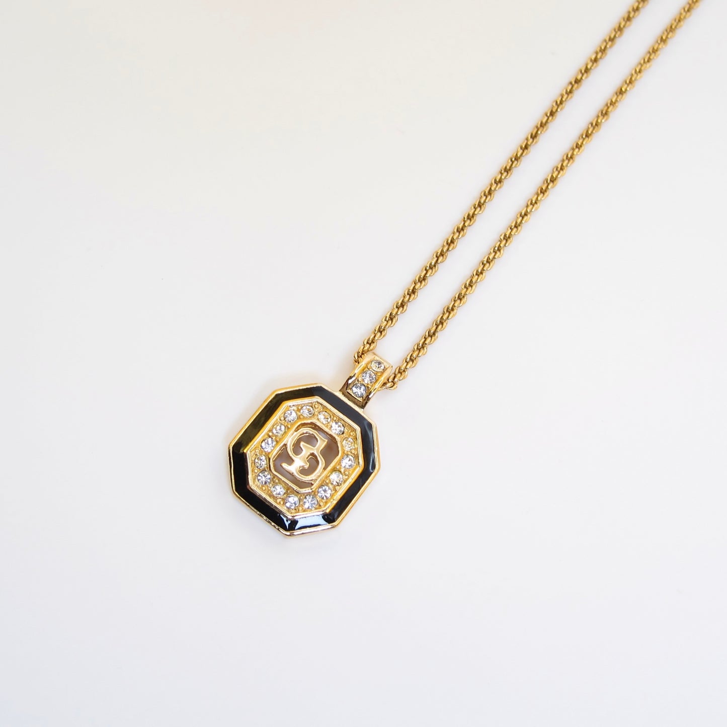 Christian Dior Vintage CD Logo in Octagon Black and Rhinestone Golden Necklace