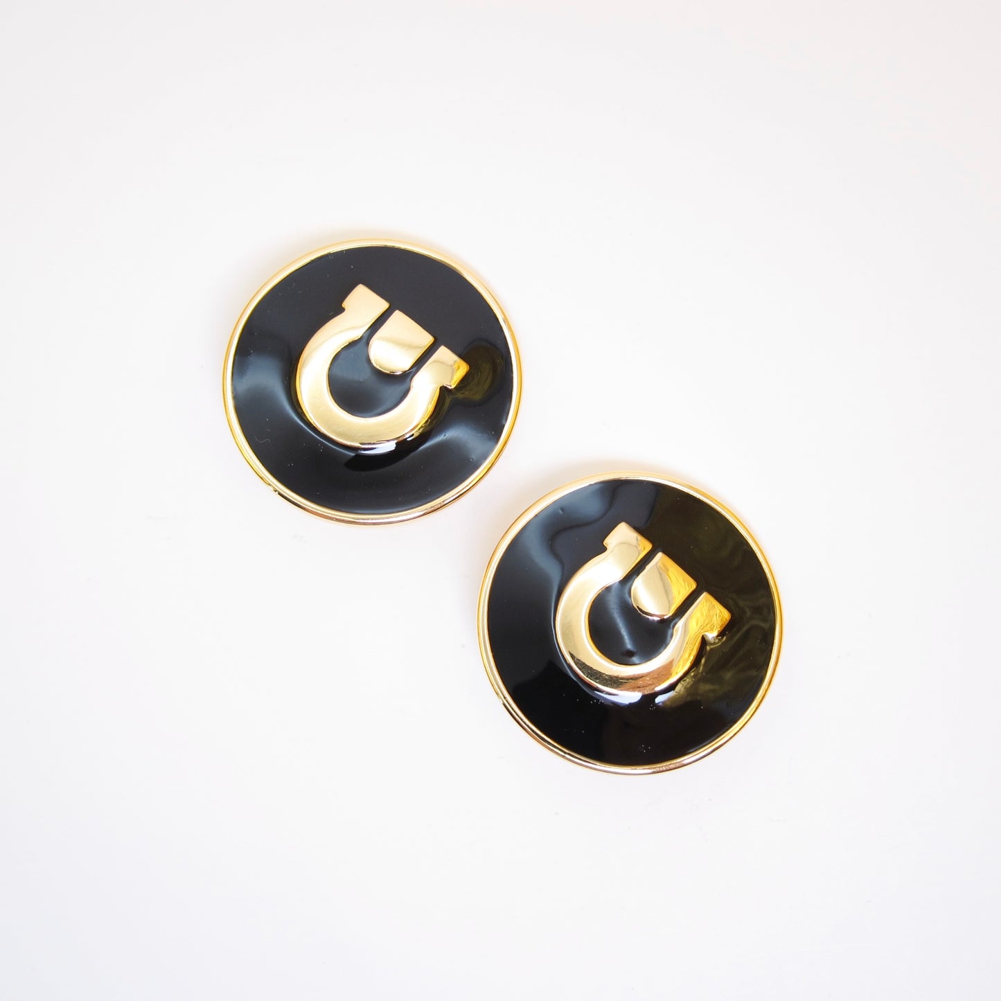 Ferragamo Vintage Gancini Black and Golden Clip-on Earrings