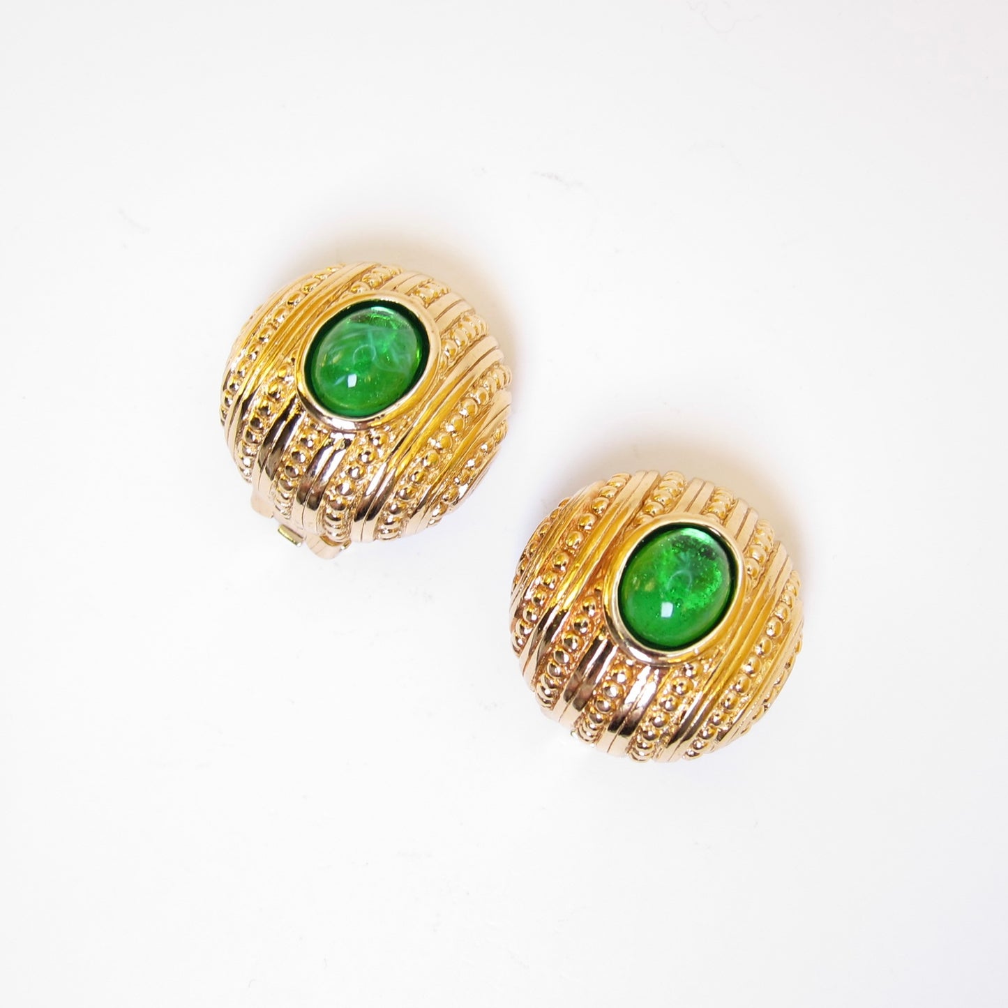Christian Dior Vintage Green Color Stone Round Shaped Golden Clip-on Earrings