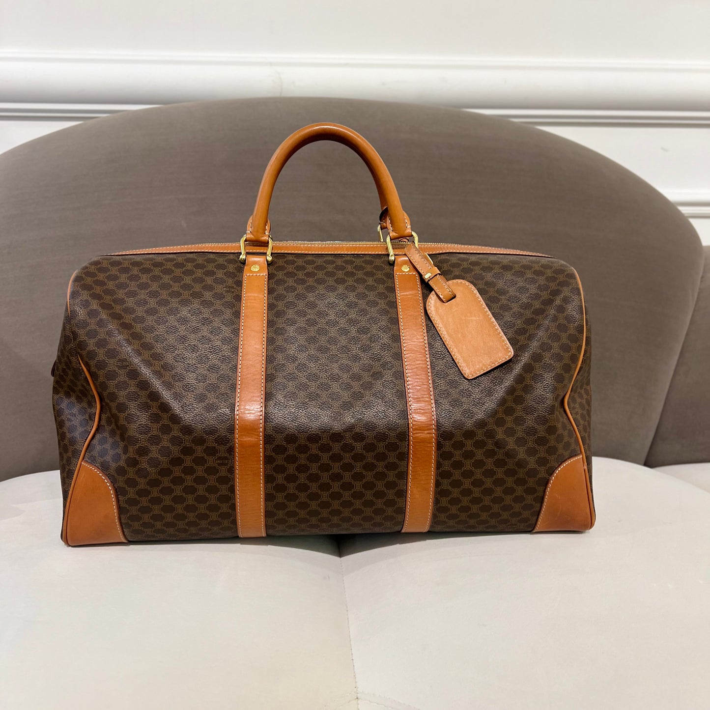 Celine Vintage Brown Color Macadam Canvas With Leather Boston Bag