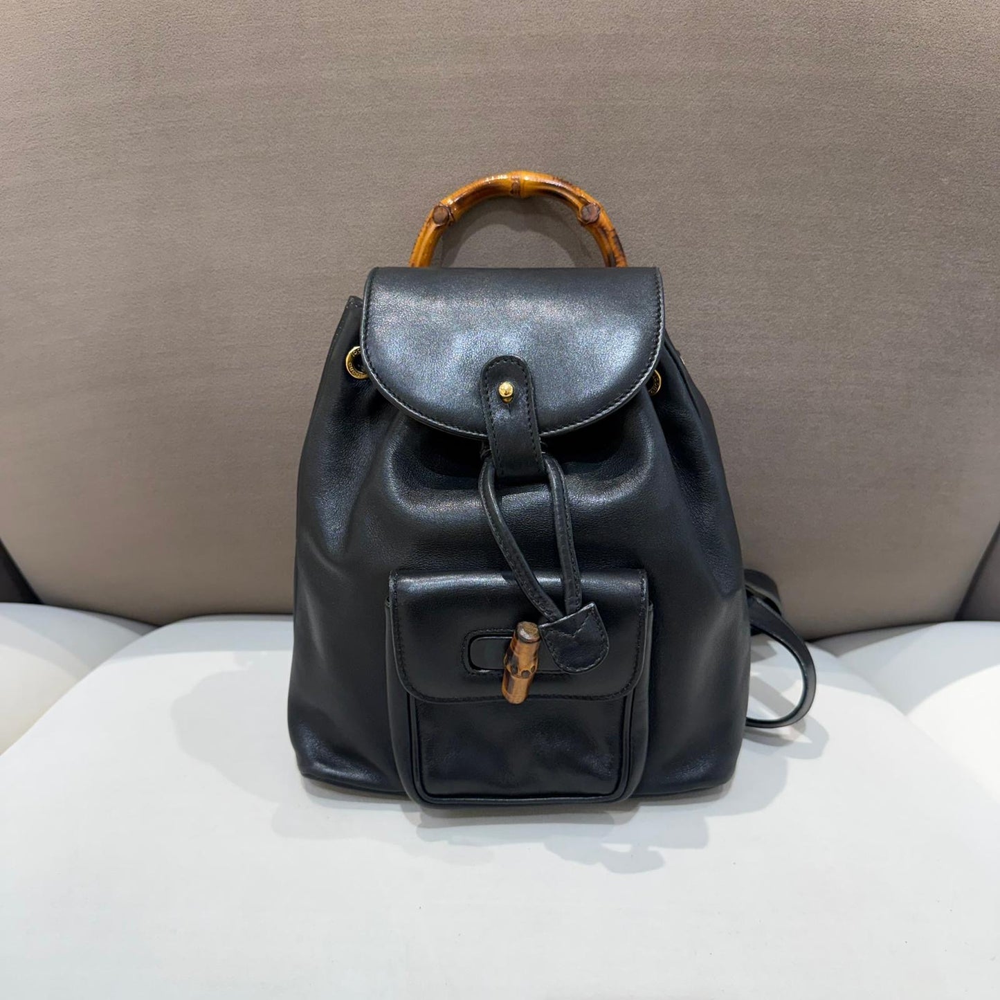 Gucci Vintage Black Leather Bamboo Small Backpack