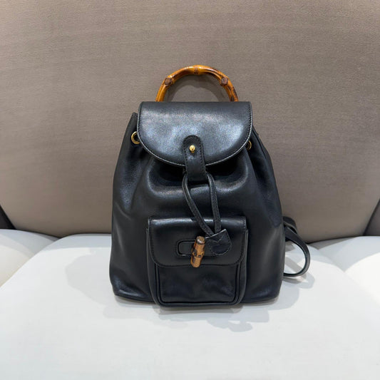 Gucci Vintage Black Leather Bamboo Small Backpack
