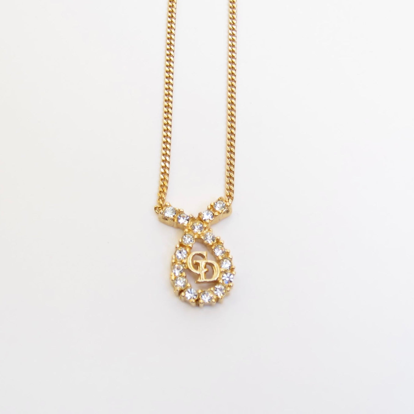 Christian Dior Vintage CD Logo in Drop Shape with Rhinestone Golden Necklace