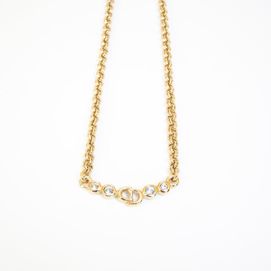 Christian Dior Vintage CD Logo and Rhinestone Golden Necklace