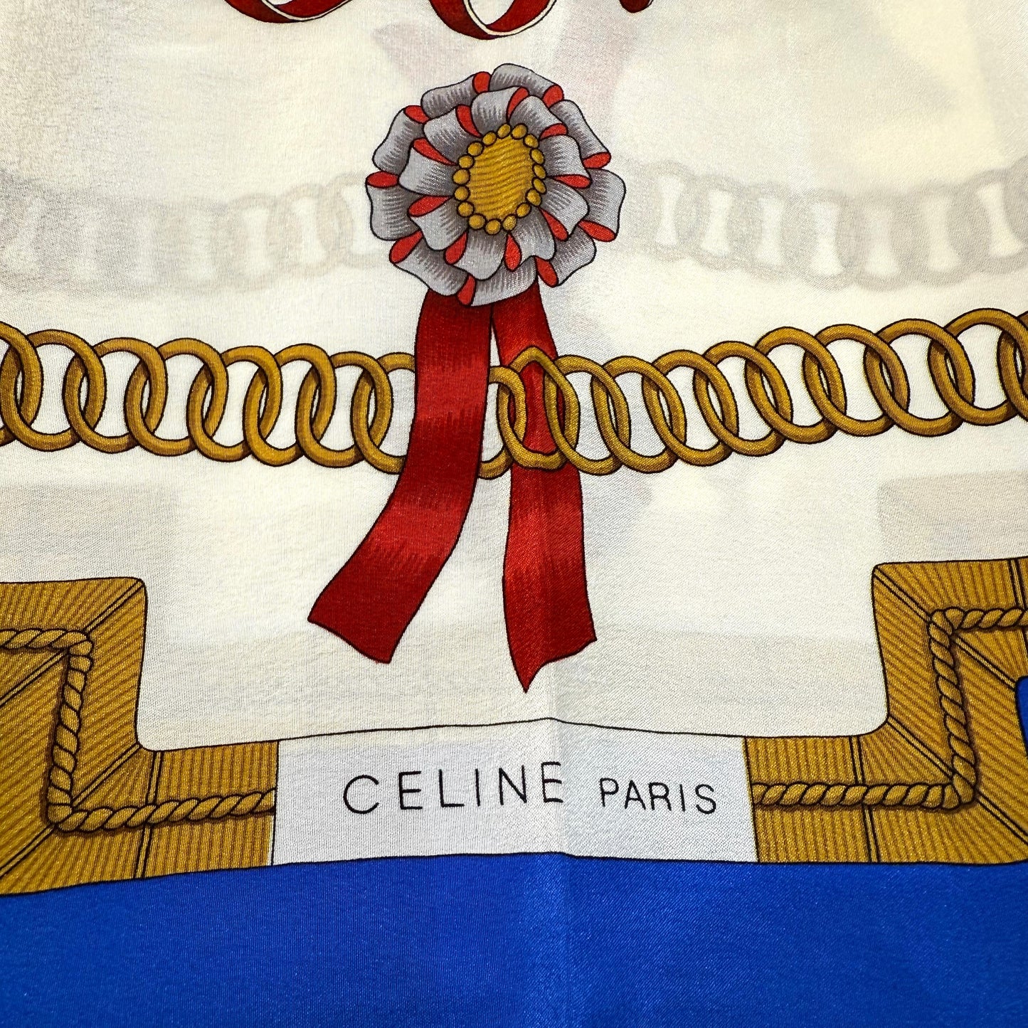 Celine Vintage Horse Print Silk Scarf Ivory Blue 86 X 86 Cm