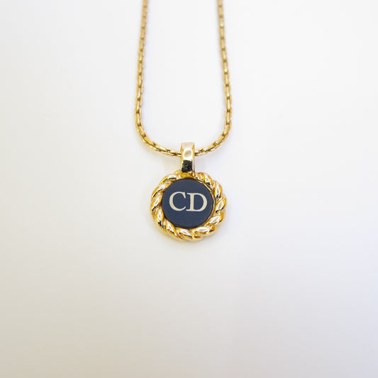 Christian Dior Vintage CD Logo in Black Circle and Twist Golden Necklace