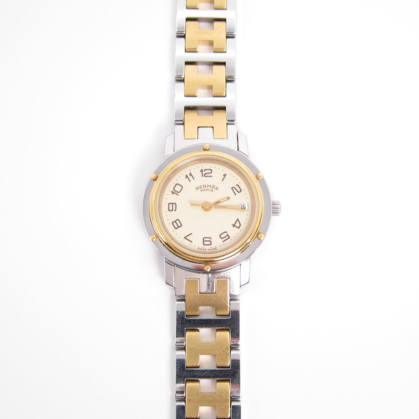 Hermes Vintage Clipper Ivory Dial with Date and H Bracelet Two Tone Watch