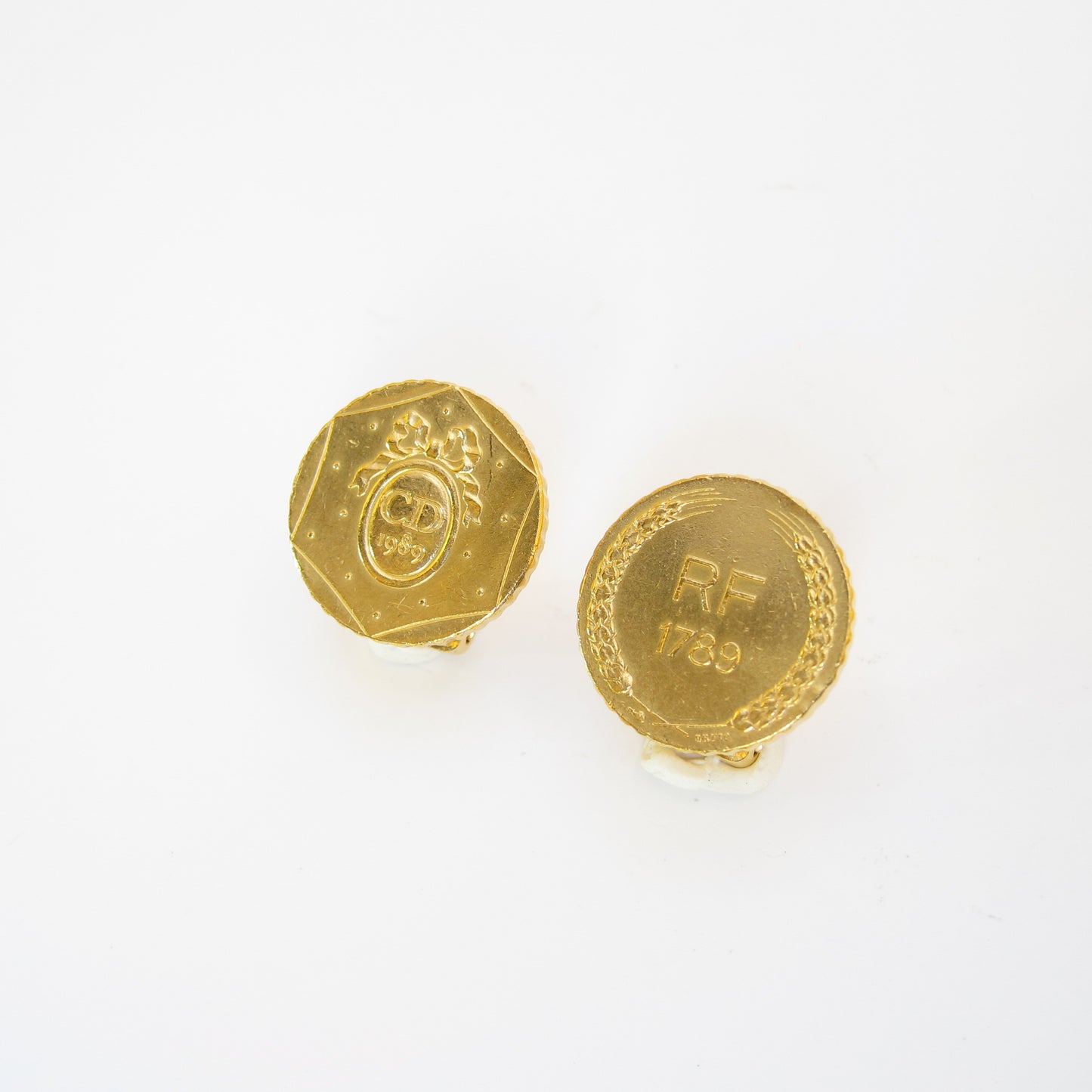 Christian Dior Vintage CD Logo on Round and RF 1789 Coin Motif Golden Clip-on Earrings