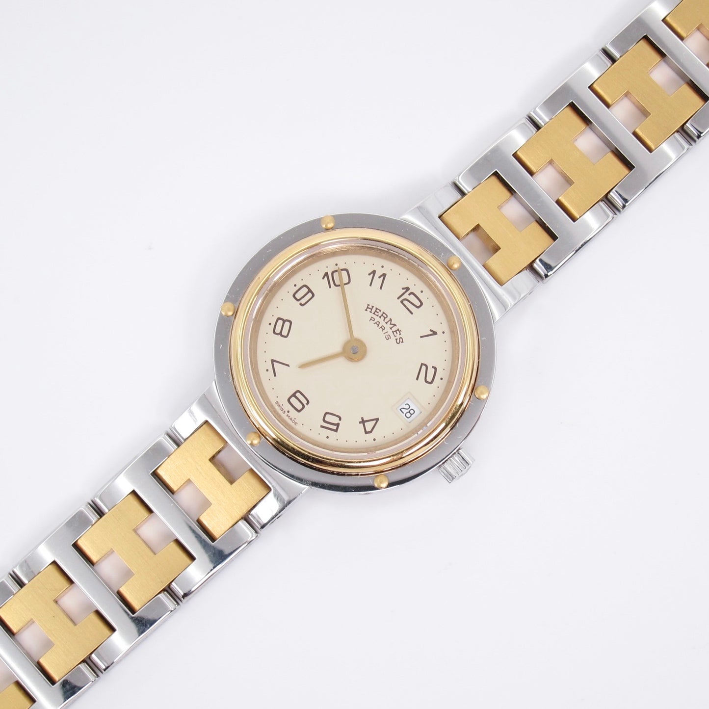 Hermes Vintage Clipper Ivory Dial with Date and H Bracelet Two Tone Watch