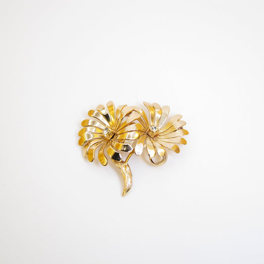 Christian Dior Vintage Flower Motif with Rhinestone Golden Brooch