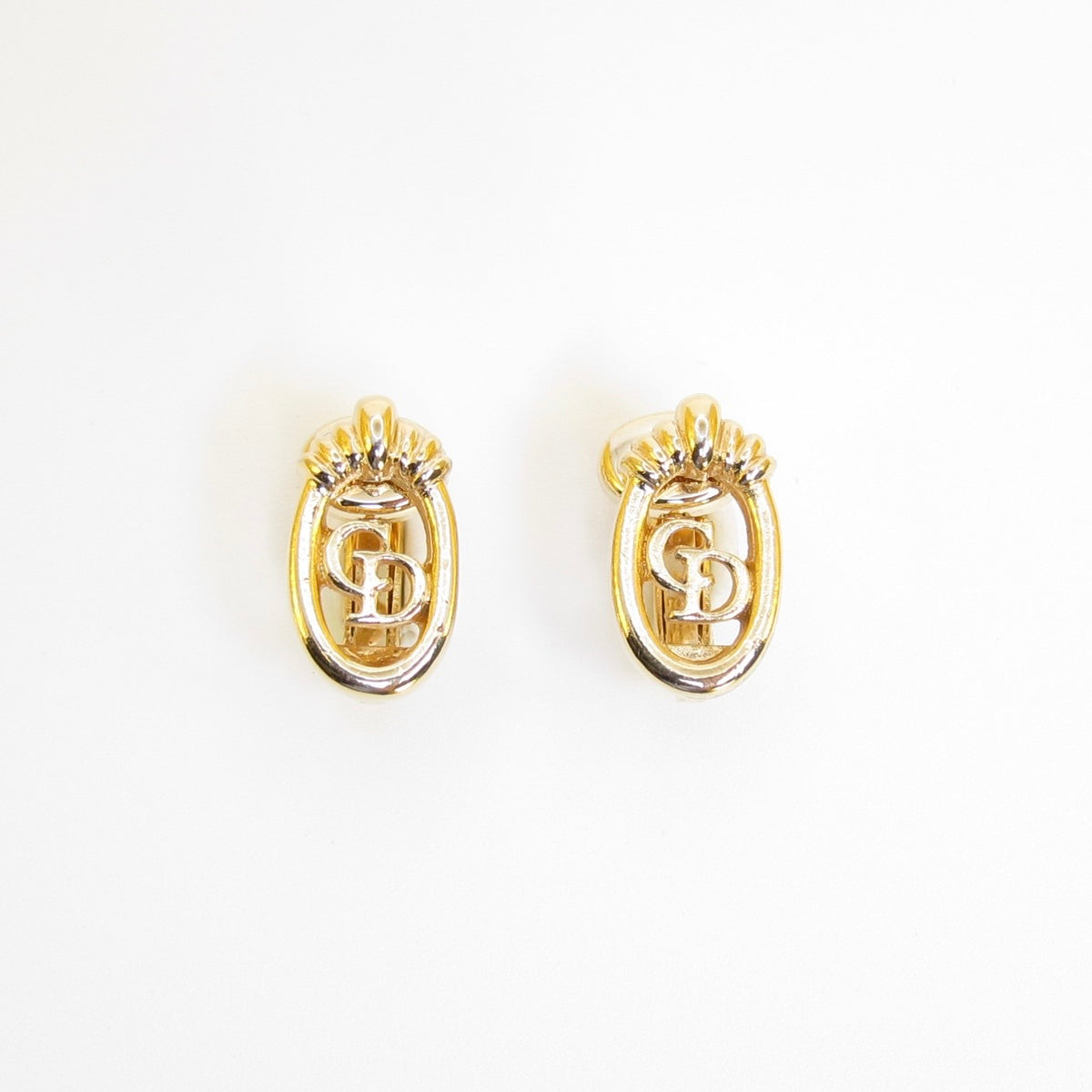 Christian Dior Vintage Textured Oval CD Logo Gold-Tone Clip-On Earrings