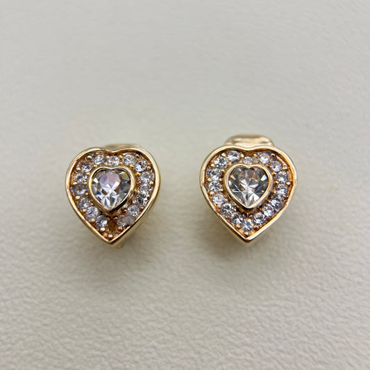 Christian Dior Vintage Heart Motif Rhinestone Golden Clip-on Earrings