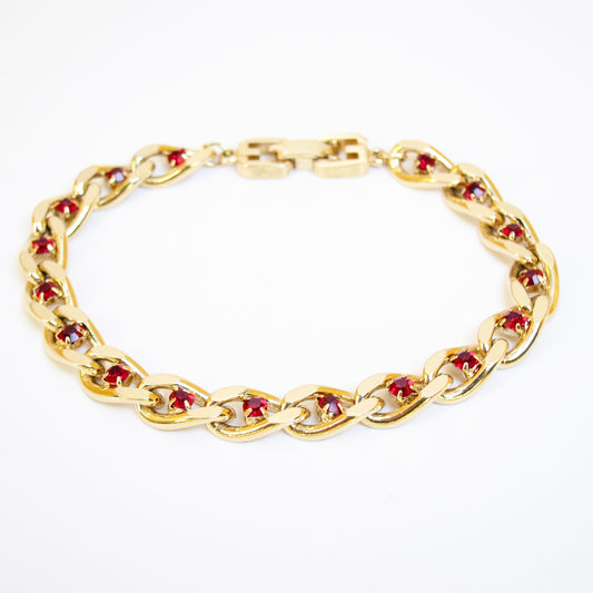 Givenchy Vintage Stylish Red Rhinestone Golden Chain Bracelet