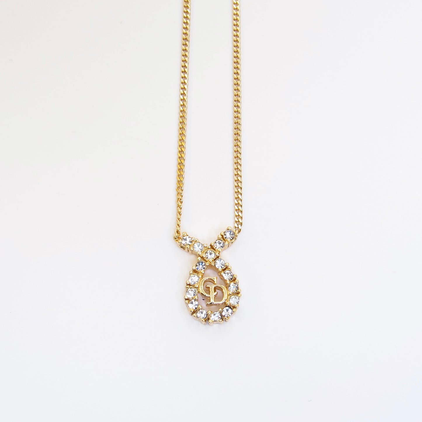 Christian Dior Vintage CD Logo in Drop Shape with Rhinestone Golden Necklace