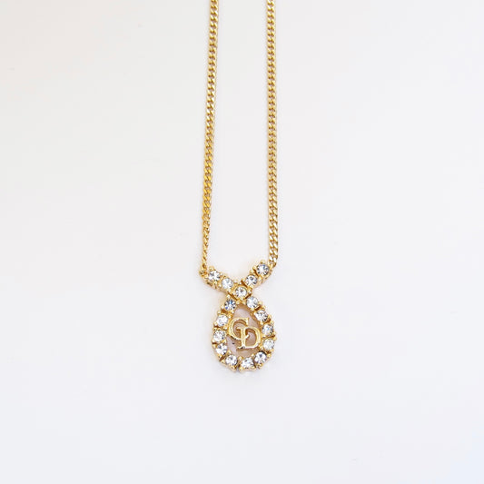 Christian Dior Vintage CD Logo in Drop Shape with Rhinestone Golden Necklace