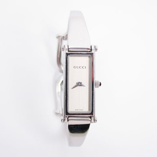 Gucci Vintage Rectangle White Face Silver Bangle Watch