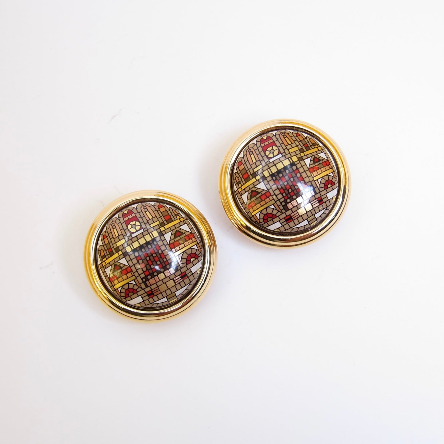 Hermes Vintage Enamel Mosaic Geometric Round Golden Clip-on Earrings