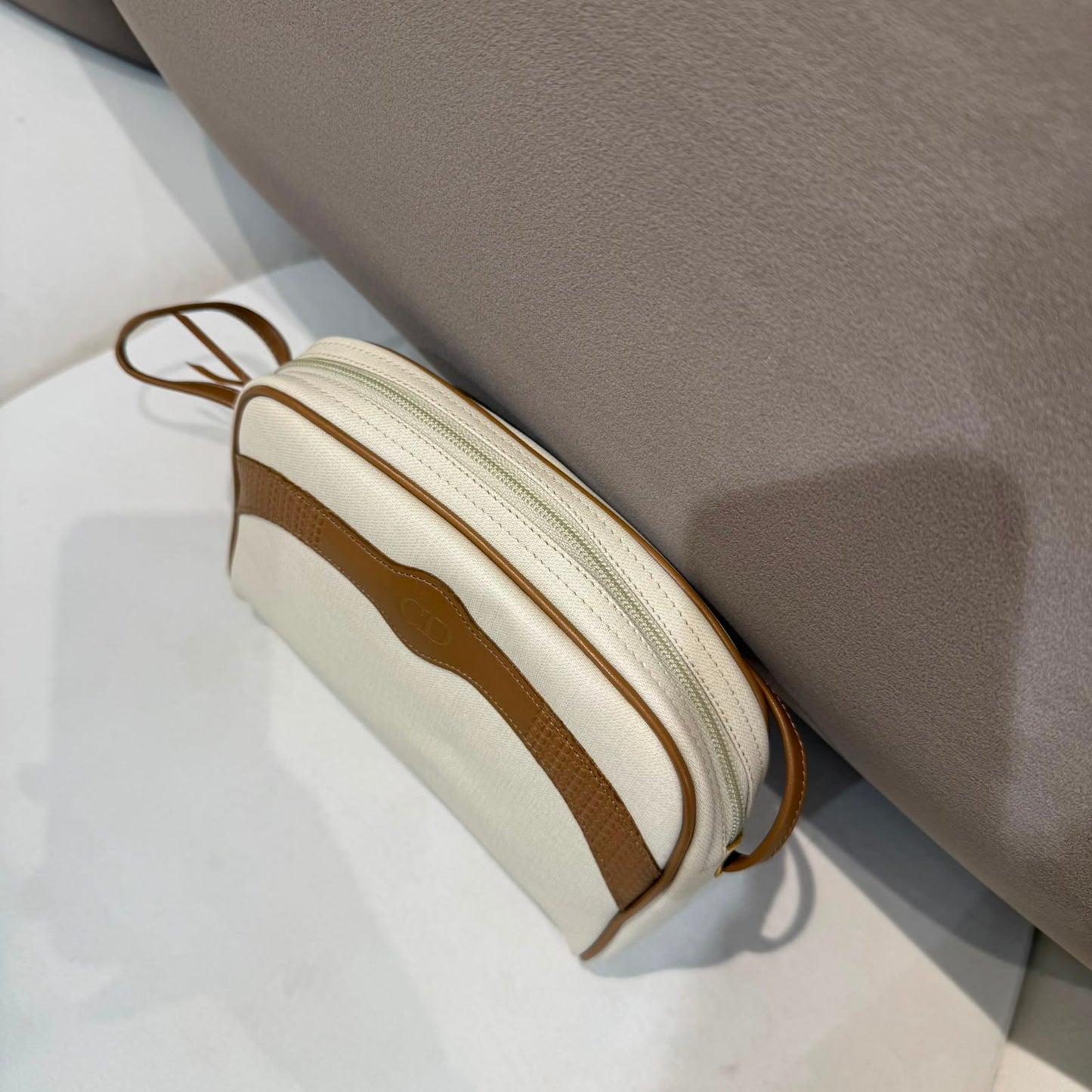 Christian Dior Vintage Ivory Canvas Tan Leather Shoulder Bag